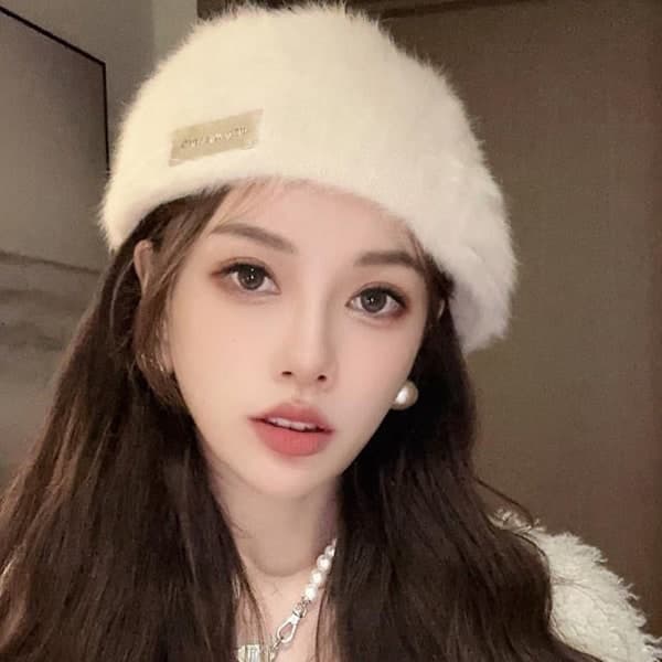 Dames Beret Hat Angora Kaninuld Hat Beanie Klassisk Ensfarvet Efterår Vinter Hatte Beret Hat til Kvinder Gril Vinter Hatte Plain black