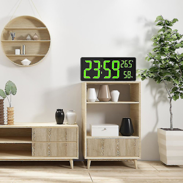 Digitalt Ur med Stor Skærm, Stort Digitalt Vægur med Temperatur og Luftfugtighed, Digitalt Vægur med LED-tal til Soveværelse, Kontor, Klar Re green