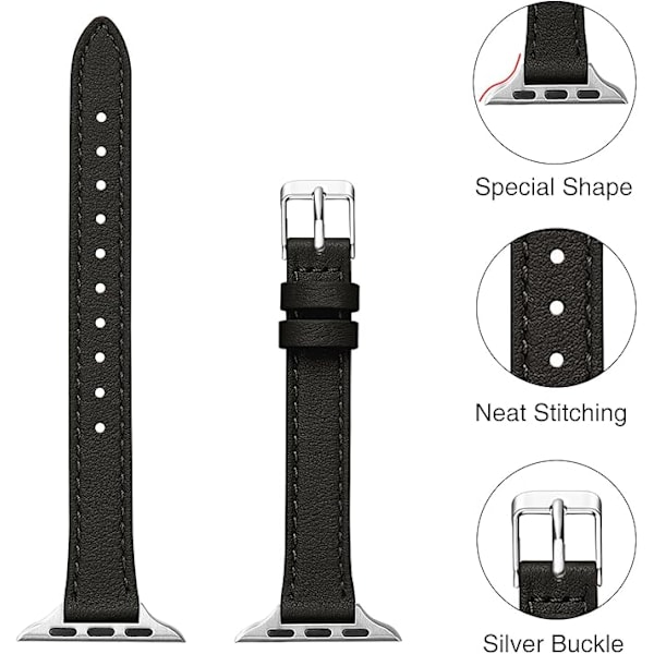 Läderarmband Kompatibelt med Apple Watch-armband Äkta Slim&Thin Läderersättningsband, Armband för iwatch Serie Kvinnor Män Black&Silver 42/44/45/49mm