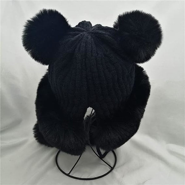 Varm Ullhatt med Öronlappar Stickad Beanie Tjock Beanie Söt Dam Snö Vinter Basebollkeps Varmast Hatt för Män Black