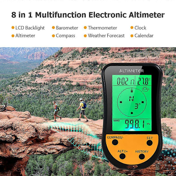 Elektronisk Digital Höjdmätare 8 i 1 Multifunktionell LCD Bakgrundsbelysning Mini Höjdmätare Barometer Kompass Termometer Väderprognos Klocka Kalender för Utomhusbruk