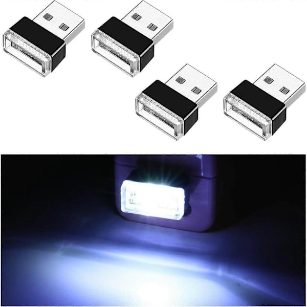 4 stk. USB LED Bil Lys, Mini USB Bil Lys, Plug-in USB Interface Bagagerums Stemningsbelysning Bærbar Natlampe White