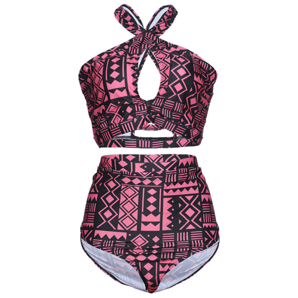 Plus Size Aztec Høytaljet Bikinisett Badetøy Badedrakt Rød 3XL Red 3XL