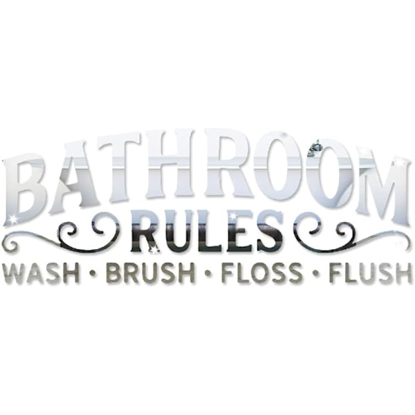 3D Acrylic Mirror Bathroom Wall Sticker, Bathroom Rules Wash Brush Floss Flush Mirror Wall Decals (Silver)