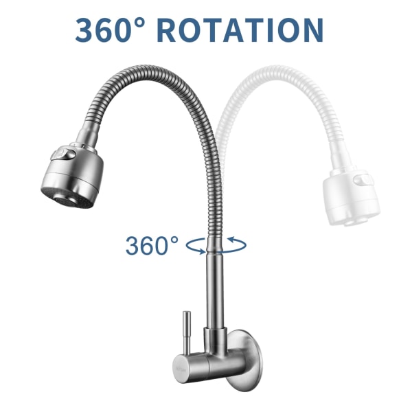 304 Rustfritt Stål Kran 360° Rotasjon Fleksibel Hals Veggmontert