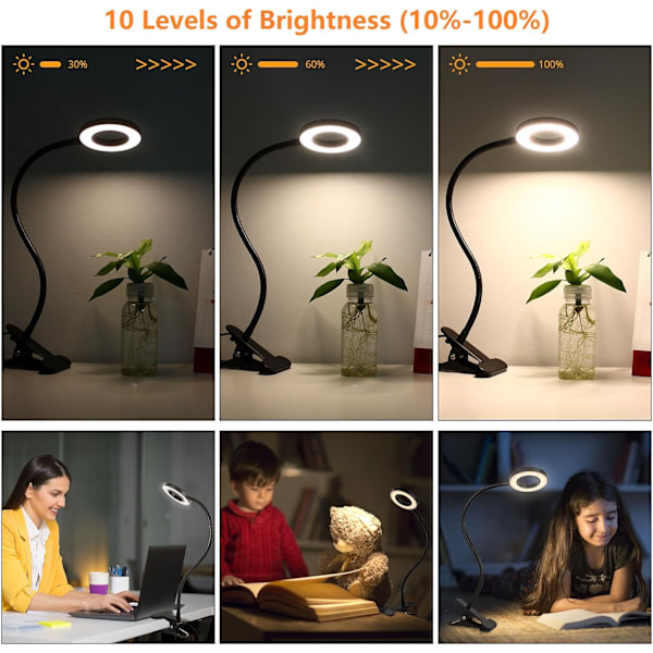 Bordlampe med Klips, 10 Dæmpbare Lysstyrker, 3 Lystilstande, Læselampe, Klips til Sengelampe til Maling, Håndværk, Studie, Videokonference
