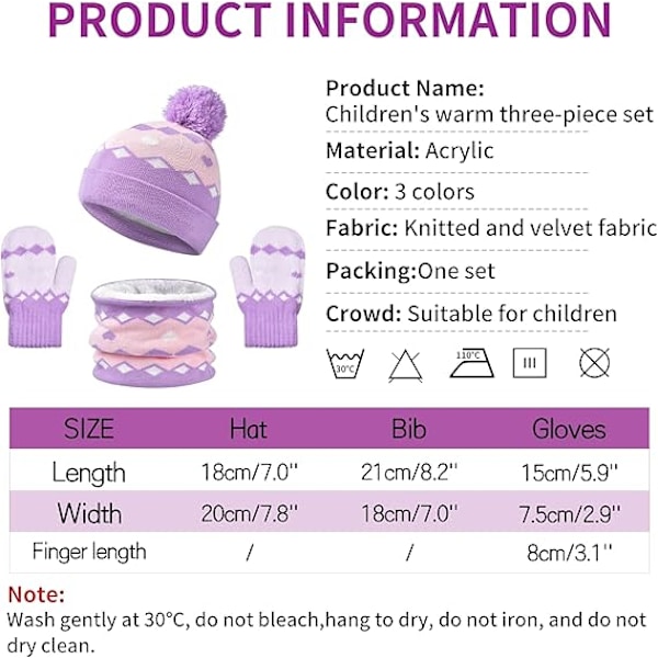 Stickad mössa, halsduk och vantar för barn, vintervarm mössa med pompom för småbarn, fleecefodrad halsduk och vantar, 3-delars set för kallt väder A Purple