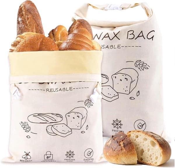 Bivaxbrödpåsar, 2-pack återanvändbara med bivaxfoder, fryssäkra för hembakat surdegsbröd, beige, 43 x 33 cm