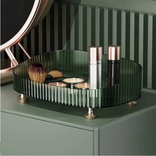 Kosmetisk opbevaringsbakke, PET makeup-organizer med hævede kanter og guldfødder til badeværelsesvask, grøn, 27 x 18 x 8,8 cm
