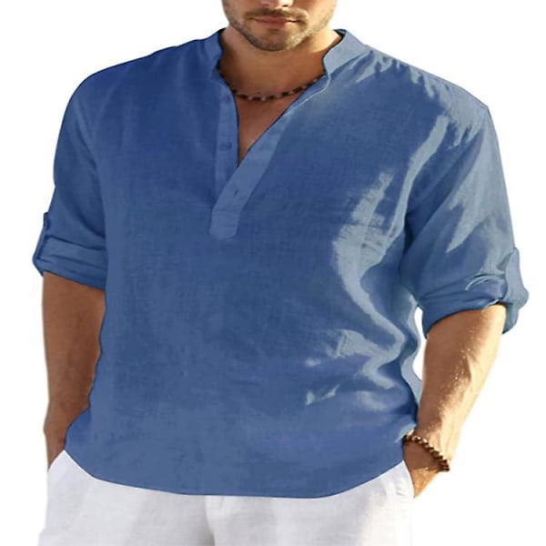 Langærmet linnedskjorte til mænd, casual i bomuld og linned, S-5xl top, Ny design gratis fragt_p Blå 2XL zdq