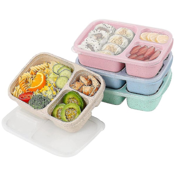 4-pack Bento Lunchbox, Matlådor med 3 Fack, Lunchbox för Barn, Återanvändbar Matförvaring