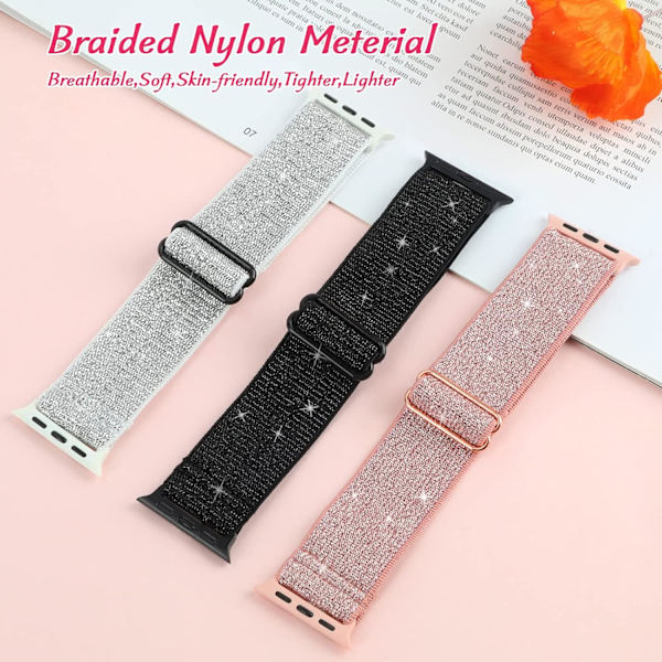 Stretchiga nylon bling-band kompatibla med Apple Watch-band 38mm 40mm 41mm, justerbar elastisk sport solo loop dam herr band, 3-pack (YSJ) 38/40/41mm