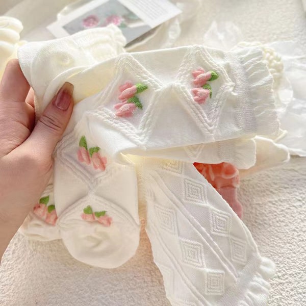 5 stk/sæt Hvide blomstrede mid-tube sokker Dame Trendy forår Thi White 5 stykker