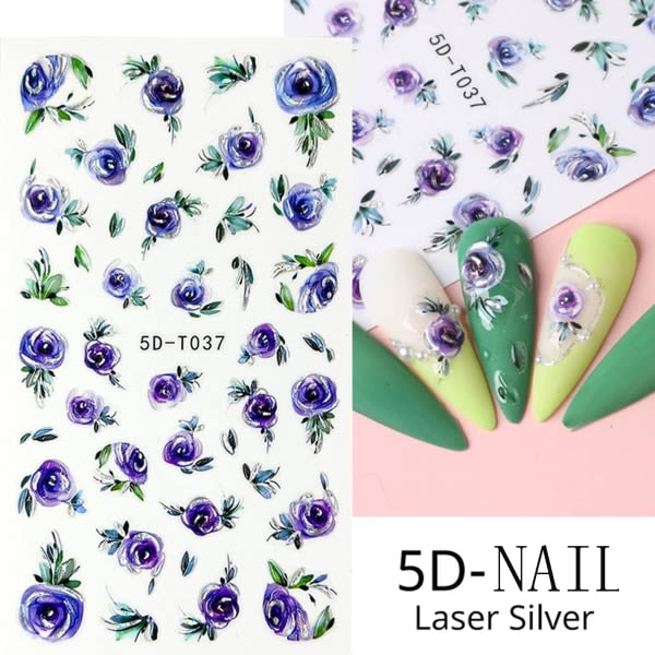 Blomma Nail Art Stickers 5D Präglade Graverade Nageldekaler Vår Sommar Nail Art Tillbehör Blommiga Leaf Rose Tulpan 4 STK