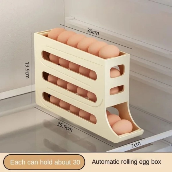 4-lags æggeholder til køleskab Ægdispenser Automatisk rullende æggebakke Opbevaring 30 ægbeholder Beige