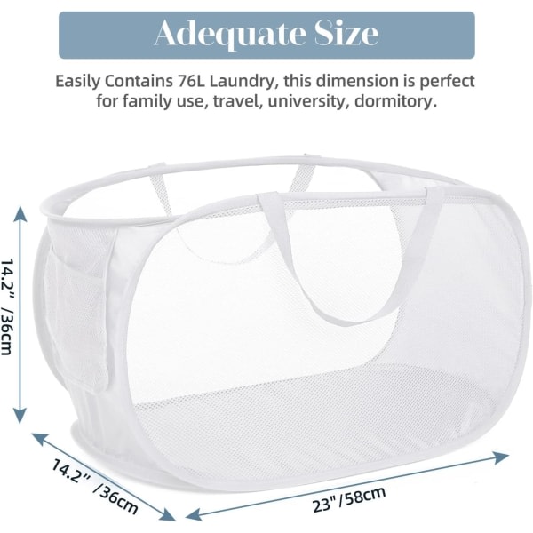 Kestävästä verkkokankaasta valmistettu ponnahduspyykkikori, kokoontaitettava pyykkikori sivutaskulla, kokoontaitettava vaatepohjainen ponnahduskori kestävillä vahvistetuilla kahvoilla Valkoinen
