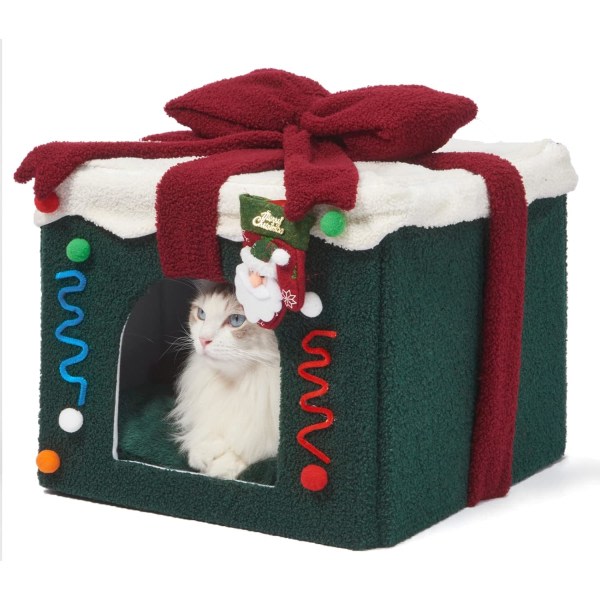 Julkatthus, kattsäng inomhus, L(16,5"x16,5"x14,6") Storlekskub för katt och liten hund, avtagbar kattgrotta med halkfri botten, för katt.