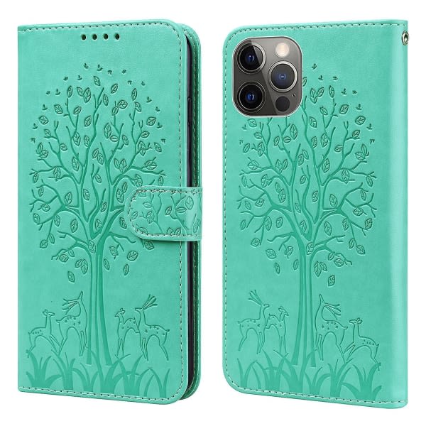 Kompatibel iPhone 11 Pro Max Etui Læder Cover - Grønt træ og rådyr null none