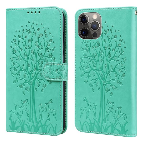 Yhteensopiva Iphone 11 Pro Max Case Läderskal Cover Etui Coque - Grönt träd och rådjur null none