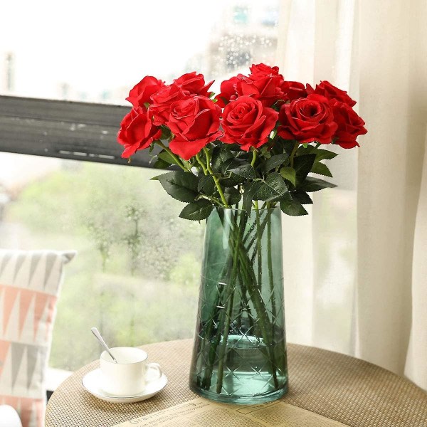 Sett med 12 konstgjorda rosor Deco falska sidenblommor Enkel stjälk realistisk blomma (rød) röd
