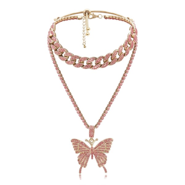CDQ Butterfly cubanske Link halskæde sæt-kvinder Hip Hop halskæde kæde Pink