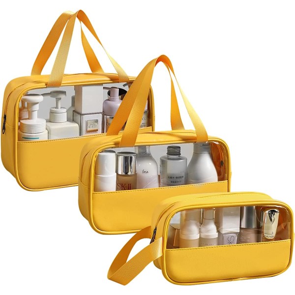 Gennemsigtig toilettaske 3 stk, vandtætte vasketasker i PVC, makeup taske med stort håndtag, kosmetiktaske til rejser for mænd og kvinder Yellow