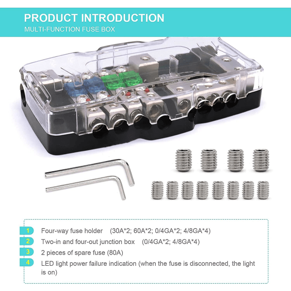 Bladsikringholder Bilstereo Anl Fordelingsblok 4-vejs Sikringsboks Blok 0/4ga 30a 60a Power Blok