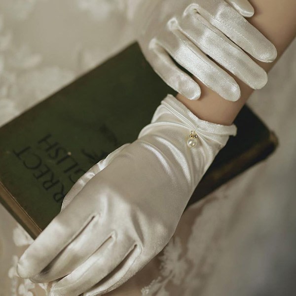Kvinnor Bröllop Korta handskar Satin Full Finger Handled Längd Vit A1