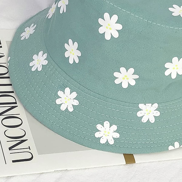 Söt bucket hat strandfiskehattar för kvinnor, vändbar dubbelsidig användning Flower Green