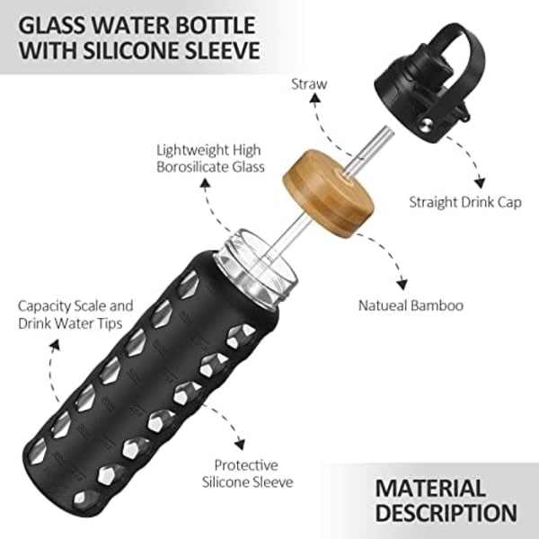 MUKOKO 32 oz glassvattenflaskor med 2 lås-håndtagspiplock & bambuhalmlock, motiverende vanntumlare med tidsmarkørpåminnelse og svart
