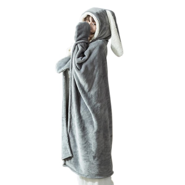 Sødt kaninøre-bærbart tæppe tykt fleece-hætte Poncho-omslag med handsker Home Girl-hættetrøje