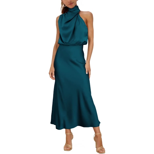 ER Dame Mock Neck Sateng Elastisk Høy Midje Bryllup Gjest Kveld Cocktail Fest Elegant Formell Maxi Kjole Påfuglblå Liten