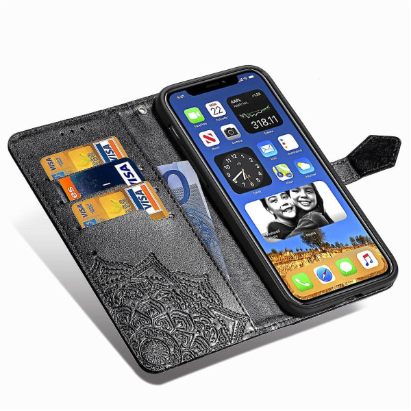 Kompatibel med Iphone 12- case Cover Emboss Mandala Magnetic Flip Protection Stötsäker - Svart null ingen