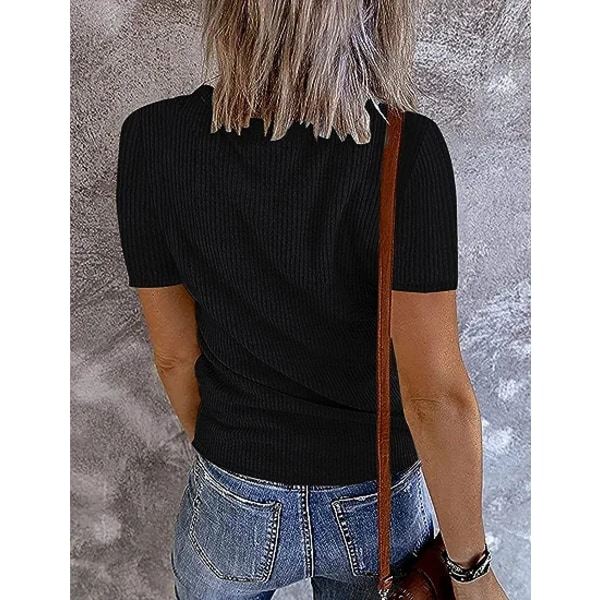 Kvinde Kortærmet V-hals Ribstrikket Knap T-shirts Henley Ensfarvet Sommertoppe XL
