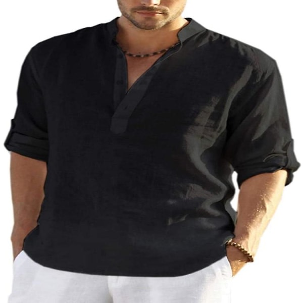 Långærmad linneskjorta herr, casual i bomuld og linne, S-5xl top, Ny design gratis frakt_p Black XL zdq