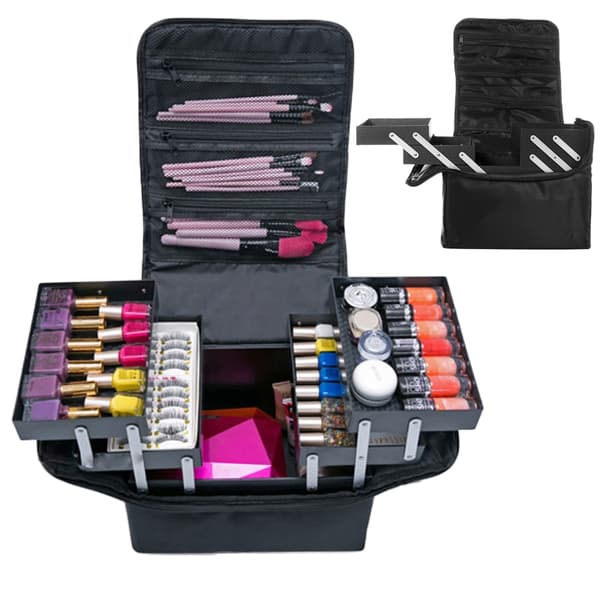 Large and Spacious Makeup Bag with Fold-Out Drawers Black Svart