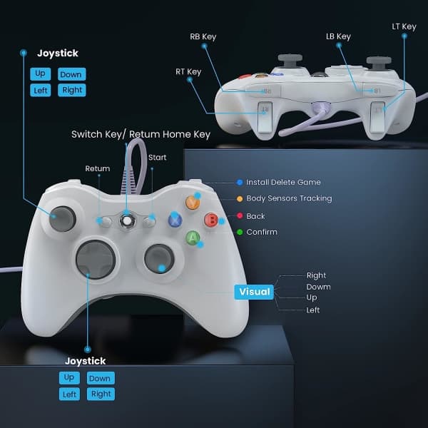 Kablet Xbox 360-controller, spilcontroller til 360 med dobbelt vibration Turbo kompatibel med Xbox 360/360 Slim og PC Windows 7,8,10 Sort Black