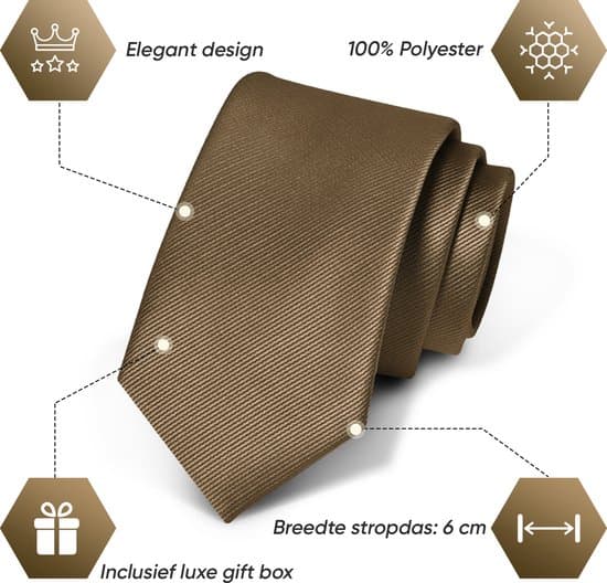 Slips- och näsduksset för herrar, klassisk brun slips i polyester med presentask för bröllop, affärer och formella tillfällen