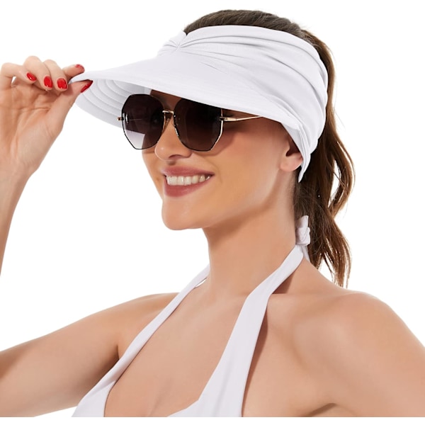 Solhatte til kvinder UV-beskyttelse Solskærm Bred Skygge Sommerhatte med hestehale White