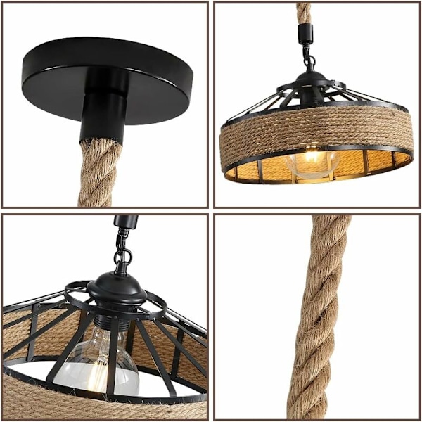 Hamprep Lysekrone, Retro Svart Metall Pendellampe, Landlig Hengende Lysekrone, Industriell Pendellampe E27 Lampe (Eksklusive lyskilde)