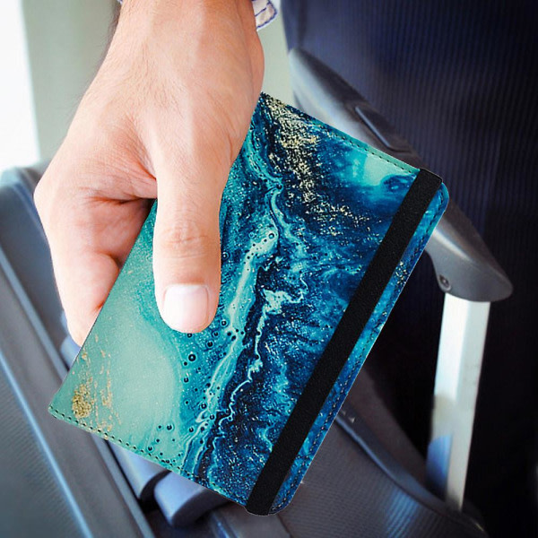 Deksel, Pu-läder etui Organizer for pass, kreditkort, boardingkort (plånbok+tagg) blå 13,7*10,5cm
