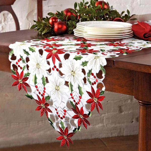 Heyone Julbroderad bordslöpare Julstjärna Holly Leaf Bordslinne för juldekorationer 15 x 69 tum