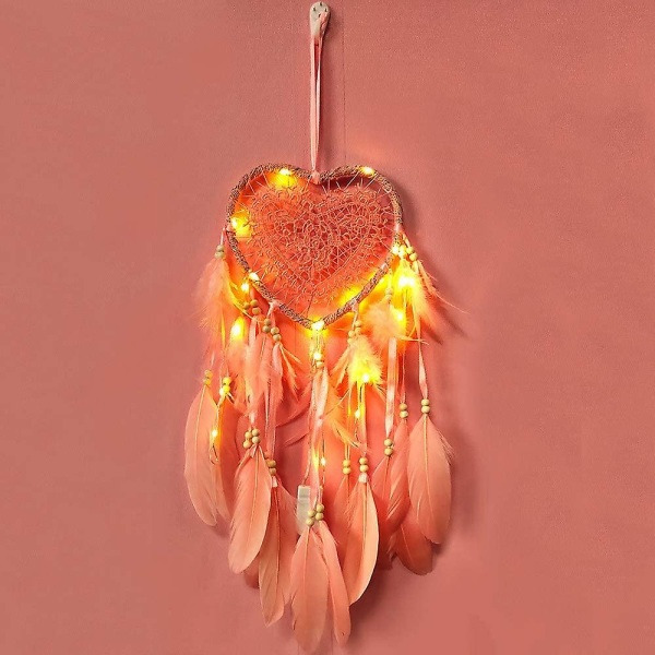 Hjerte Drømmefanger Boho Stil Håndlavet LED Lys Vægophæng Romantisk Dekoration (Jomfru Rosa) CDQ
