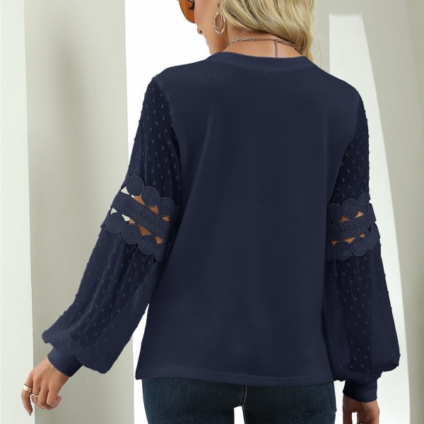 Trendiga blusar för kvinnor ihåliga spetsar långärmade skjortor-marinblå S CDQ