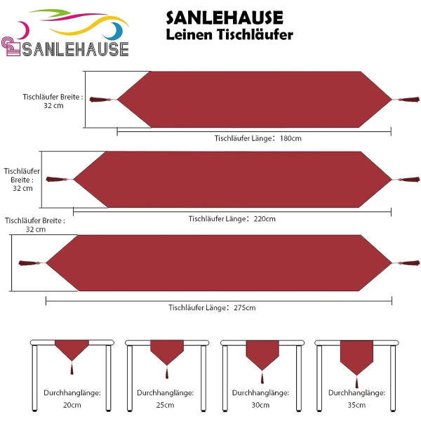 Rød linneduk 32 x 275 cm, høykvalitets bordløper, vanlig bordløper, moderne, enkel å rengjøre for spisebord
