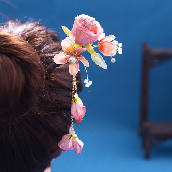 Vintage kinesisk hår ätpinnar kvinnlig träbullehållare med söta blomtofsar for kvinner flickor og frisörsalong rød