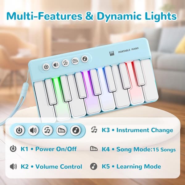 Mini Piano Keyboard for barn - Justerbart volum og lys - 15 melodier, læringsmodus, 3 lydeffekter ...