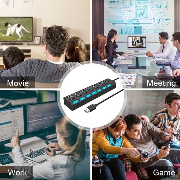 Multiport USB-splitter, 7-i-1 USB 2.0-hubb med höghastighets individuell ON/OFF-brytare med lysdioder USB-hubbar (7 portar USB A)