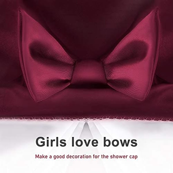 Extra stor cap, Bowknot dubbellager återanvändbara badhårmössor med silkeslen satin för kvinnor (röd)