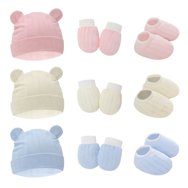 Baby mössa og håndskar for nyfödda fotbeskyttelse 3 sett（9